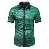 Beokeuioe Glänzend Hemden Revers Glitzer Hemd Herren Kurzarm Freizeithemd Slim fit Mode Kurzarmhemd Clubwear T Shirts Nachtclub 70er Disco Bühne Party Festliche Karneval Kostüme