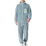 Generisch Pyjama Herren - Lang Frottee Schlafanzug Mit Fleece Gefütterte Wärme Nachtwäsche Casual Bequeme Übergröße Flanell Pyjama Sleepwear Loungewear für Nightwear Set für Herbst Winter