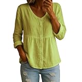Damen-Tunika, V-Ausschnitt, Knopfleiste, langärmelig, locker, leicht, einfarbig, gelb, 3XL