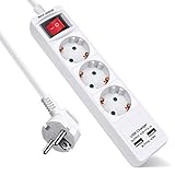EXTRASTAR 3 Fach Steckdosenleiste mit 2 USB, Mehrfachsteckdose mit Schalter und Kindersicherung, Steckerleiste mit 1.5m Kabel, 16A, 3680W, für Zuhause, Büro, Weiß