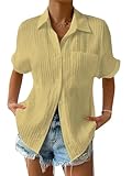 Onsoyours Damen Sommer Musselin Bluse Kurzarm V-Ausschnitt Knopf Blusen Lässige Oberteil Tops A Gelb 3XL