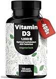 Vitamin D3 1000 IE hochdosiert - 400 Tabletten - Vitamin D Unterstützung für Immunsystem & Knochen, vegetarisch & produziert in Deutschland - Laborgeprüft