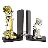 Vintage-Buchstützen mit nautischem Messing-Grammophone & Kerzenständer, Telefon-Buchstützen für Zuhause, Büro, Bücherregal-Dekoration