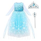 LUKYLUM Prinzessin Kleid Mädchen, Mädchen Prinzessin Kostüm mit Krone Diamant Zauberstab, Prinzessinnen Kostüme für Kinder Verkleidung Karneval Cosplay Geburtstags Party Halloween Weihnachten, 110