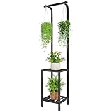 IBUYKE 170cm Hoch Pflanzenständer für Innen Außen, 3 Etagen Metall Hängendes Blumenregal für Mehrere Pflanzen, Pflanzenregal Blumenständer für Wohnzimmer Balkon Garten, Schwarz TMJ076B