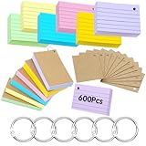 moinkerin Karteikarten A8 600 Stücke 3 * 2 Inch Mehrfarben Lernkarten Flashcards mit 6 Binderingen 12 Kraftpapier Karteikarten für Büro Haus Schule Lernen Linierte