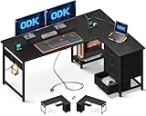 ODK Schreibtisch mit Schubladen, Schreibtisch L Form mit Steckdosen und USB-Ladeanschluss, Reversibler Schreibtisch mit Stauraum für das Heimbüro, Schwarz, 135×100cm
