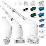 NanoMin 13 in 1 Elektrische Elektrische Reinigungsbürste mit Verlängerungsgriff, Badzubehör-Set mit 11 austauschbaren Bürsten für Toilette, Badewanne, Küche, Boden(Ivory White)