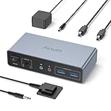 Alxum DisplayPort HDMI KVM-Switch, für das Teilen von 2 PCs und 2 Monitoren, 4K@60Hz, Dual-Monitor-Sharing, USB 3.0-Ports für Tastatur, Maus, Mikrofon und Kopfhörer, 2 USB-B-Kabel, DC 5V-Netzteil.