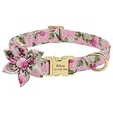Benutzerdefinierte Gravierte Hundehalsband Personalisierte Nylon Hunde ID Tag Halsbänder Hübsche Blume Hundehalskette Zubehör Heimtierbedarf,Rosa,S