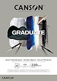 CANSON Graduate, Mixed Media Papier, zweiseitig: gekörnt und glatt, 220 g/m², an der kurzen Seite geleimter Block, DIN A4 21x29,7 cm, Grau, 30 Blatt