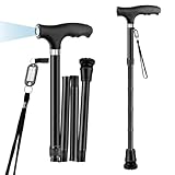 Faltbarer Gehstock mit Licht, OOCOME Faltbare Gehstöcke für Männer & Frauen Senioren Gehhilfen Zusammenklappbarer Gehstock mit Rutschfester Basis Einstellbare Höhe 77cm-90cm
