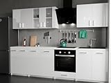 roe furniture Küchenzeile ohne Elektrogeräte - Modern Einbauküche 280 cm - Küche Komplett Leco - Küchenblock - Geräumige Singleküche - Küchenmöbel Komplett Weiß Hochglanz & Weiße Arbeitsplatte
