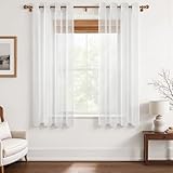MRTREES Stores Gardinen Weiß Wohnzimmer Gardinen modern Schlaufenschal 2er Set 122×140cm (H×B) Vorhänge mit Ösen in Leinenoptik halbtransparent Schals Vorhang kurz