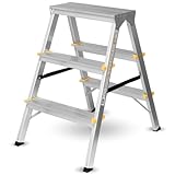 Trittleiter Aluminium Leiter beidseitig begehbar, 3 Stufen, 150kg Traglast TÜV geprüft (2x3 150 TÜV)