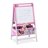 Relaxdays Standtafel Kinder, 2 in 1, Kindertafel mit Papierrolle & Körben, HBT 94 x 52 x 46,5 cm, Kreidetafel, rosa/weiß