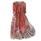 Sommerkleider Damen Leicht Und Luftig, Elegant Kleider Damen Sommer Leinen Blusenkleid mit Knöpfen Mode Hemdkleid Casual Locker Midikleid Retro-Kleid Blumendruck Leinenkleid Shirtkleid für Frauen