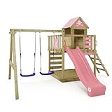 Wickey Spielturm Klettergerüst Smart Cave mit Schaukel & pastellpinker Rutsche, Outdoor Kinder Kletterturm mit Sandkasten, Leiter & Spiel-Zubehör für den Garten