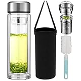 Pauzema Doppelwandige Glas Teeflasche 1 Liter mit 2 in 1 Edelstal Sieb to go, 1000ml große Volume, Tea bottle 100% dicht 1 l