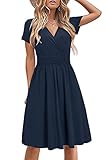 STYLEWORD Damen Sommerkleid Kurzarm V-Ausschnitt Kleider Einfarbig Kleid Strandkleid Mit Taschen(Marine,X-Groß)