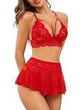 Satohom Damen 3-TGL Minirock Spitze BH und G-String, Dessous für Frauen, Spitze, Teddy, sexy, tiefer V-Neckholder, Damen Dessous Sexy Reizwäsche Set Unterwäsche Lingerie Negligee
