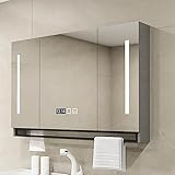 Moderner grauer Badezimmer-Spiegelschrank mit 3 Türen, beleuchteter dimmbarer Beleuchtung und Demister, großer Aufbewahrungsschrank für Badezimmerutensilien, L100 x B12 x H75 cm