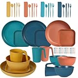 48 Pcs Geschirr Sets für 4,Teller und Schüsseln Sets Unbreakable Geschirr Set, Teller Schüsseln Tassen Besteck Sets, Reise Camping Leichtes Geschirr