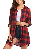 Hotouch Bluse Damen Longbluse Karo Tunika Oversize Baumwolle Langarm Hemd Knopfleiste Casual V-Ausschnitt Oberteile Oktoberfest Bluse Rot XL