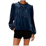 Spitzenbluse mit Samtbesatz für Damen, langärmelig, elegant, ausgestellt, Swing-Top, Rundhalsausschnitt, lockere Bluse, Freizeitkleidung, Blau, X-Groß