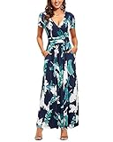 OUGES Sommerkleid Damen Kurzarm V-Ausschnitt Kleider Casual Boho Kleid Maxikleid mit Taschen(Feder, L)