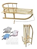 Kinderschlitten [Holzschlitten mit Rückenlehne] Schneeschlitten Rodelschlitten mit Lehne Davoser Schlitten Rodel mit Rückenlehne und Zugseil 90cm + GRATIS Handwärmer