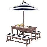 AIYAPLAY Gartenmöbel-Set für Kinder, Picknicktisch für Kinder, mit Bänken, Kissen und abnehmbarem Sonnenschirm, für Garten, Rasen, Camping, Marineblau und Weiß