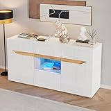 VIEKOS Wohnzimmeranrichte,140x40x70cm Sideboards Mit 4 Schubladen,Schrank mit Zwei Fächern,breite grifflose Kommode, vielseitig einsetzbar, mit LED-Beleuchtung,Weiß + Holzfarbe