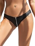 ohyeahlady PU Leder String Tanga für Frauen mit Reißverschluss Übergroße Schwarz Sexy Unterhosen Hotpants Shorts Rave Höschen Wetlook Slip Niedrige Taille Unterwäsche Micro String Mini Panties XXL