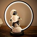 BRUBAKER Astronaut Skateboarder auf dem Mond - 33 cm Tischlampe mit LED Ring - Weltraum Skateboard Nachttischlampe mit indirekter Beleuchtung und USB-C Stecker - Handbemalte moderne Deko Lampe