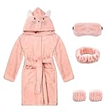 ALHAVONE Fleece-Bademantel für Mädchen und Jungen, mit Augenmaske, Haarband, Handgelenkhandtücher, Kinder, weich, leicht, Plüsch-Bademantel mit Kapuze, Katzen-Rosa, 8