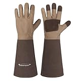 HANDLANDY Lange Gartenhandschuhe für Männer und Frauen, Schweinsleder, Rosen-Handschuhe, atmungsaktiv und langlebig, mit dornsicheren Stulpen (S, Braun)