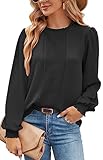 Odosalii Longbluse Damen Elegant Puffärmel Hemd Vintage Krause Rundhals Oberteil Klassisch Schwarzes Office Wear Arbeit Shirts