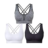 SEGRILA Damen Sport BH Set Ohne Bügel Kreuz Rücken Yoga Bustier Gepolsterter (Schwarz,Weiß,Grau XL)