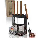 Heimfleiss® Kaminbesteck Schwarz Modern | Premium Ofenbesteck Kaminbesteck Set | Kaminzubehör mit Holzgriffen | Kaminset aus Schürhaken, Kehrset, Holzzange | Kaminofen Besteck | Kamingarnitur für Ofen