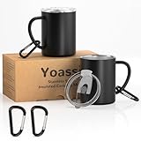 Yoassi Edelstahl Camping Becher, 2er Set Thermotasse mit Deckel und Karabiner, doppelwandige Isolierbecher, Kaffeebecher Kaffeetasse Trinkbecher 400 ml BPA frei für Outdoor und Camping, Schwarz