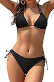 SHEKINI Bikini Set Damen Ties-up Neckholder klassischer Triangel Bikinioberteil Bedruckter Bikini Damen Sexy Triangel Verstellbare Bikinihose(L,Schwarz)
