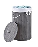 Juskys Bambus Wäschekorb Curly-Round Grau 55L - Hygienischer & Faltbarer Wäschekorb mit Deckel, Tragegriff & Wäschesack - Natürliche Bambus Optik