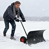 Eldzenith Schneeschaufel mit Rädern, Schneeschieber, 5-Fach Höhenverstellbar, Schneeschild 74cm Arbeitsbreite, Höhe 46 cm, Metall, Rückenschonender Schneeräumer, für Einfahrt, Garage, Schwarz