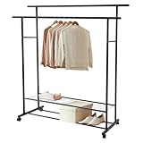Kleiderständer Stabil, Kleiderständer mit Rollen, Garderobenständer mit 2 Kleiderstange und Doppeltes Regal, Garderobenständer aus Verdicktes Eisenrohr, Transportabel, 1.5 × 0.4 m (Schwarz)
