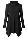 Amrto Damen Bluse Turtleneck Asymmetrische Saum Langarm Tops Lange Hemd Pullover Damen Tunika mit Taschen, Schwarz L