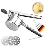 Moorstdel Kartoffelpresse Edelstahl,Kartoffelstampfer mit 3 Austauschbare Sieb,Spätzlepresse mit Rutschfestem Silikongriff,Spülmaschinenfest,für Gepresster Kartoffelbrei,Gemüsepürees,Säfte,Babynahrung