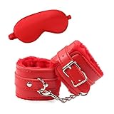 Elegante verstellbare flauschige Handschellen, Kunstleder mit weicher Satin-Augenmaske, Partyzubehör für Liebespaare (rot)