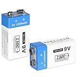 9V Wiederaufladbare Batterien 1300mAh 9 Volt Alkaline Batterie Langlebige Power 9v Batterie für Rauchmelder(2 Pack)