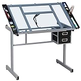 Yaheetech Zeichentisch 0-60° neigbar, Architektentisch mit kippbarer Glasplatte, Schreibtisch Bürotisch mit 2 Schubladen, für Architekten/Künstler/Maler, 90 cm L × 60 cm B